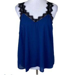 Q + A Tank Top Large Womens Lace Trim V-Neck Blue
